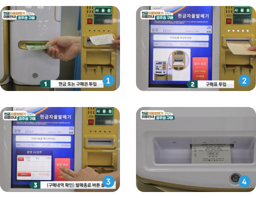 자율발매기 이용법: 1. 현금 또는 구매권 투입 2. 구매표 투입 3. (구매내역 확인) 발매종료 버튼 클릭 4. 경주권 발매